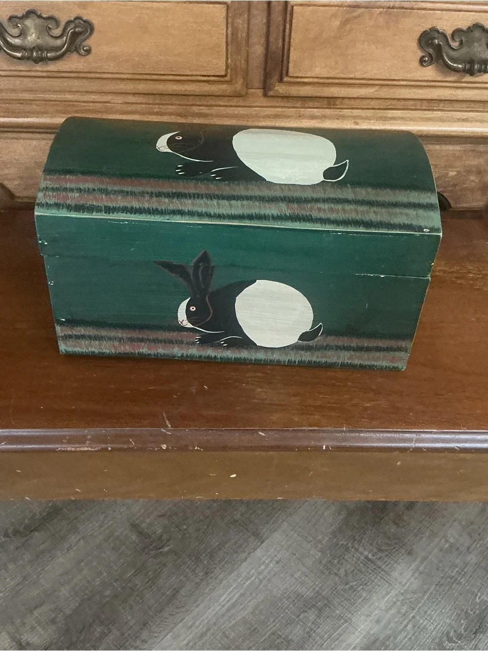 Vintage Warren Kimble Wooden Box Folk Art Green Trunk Bunny Rabbit Keepsake 12